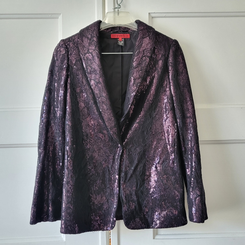 Vivienne Tam Purple Sequin Black Lace Evening Jacket Blazer Size 2